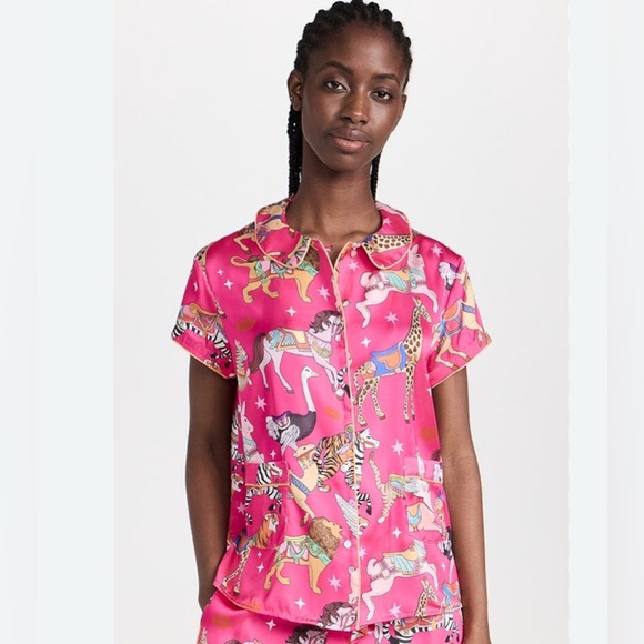 Anthropologie Karen Mabon carousel pajama top satin S pink short sleeve - Picture 1 of 5
